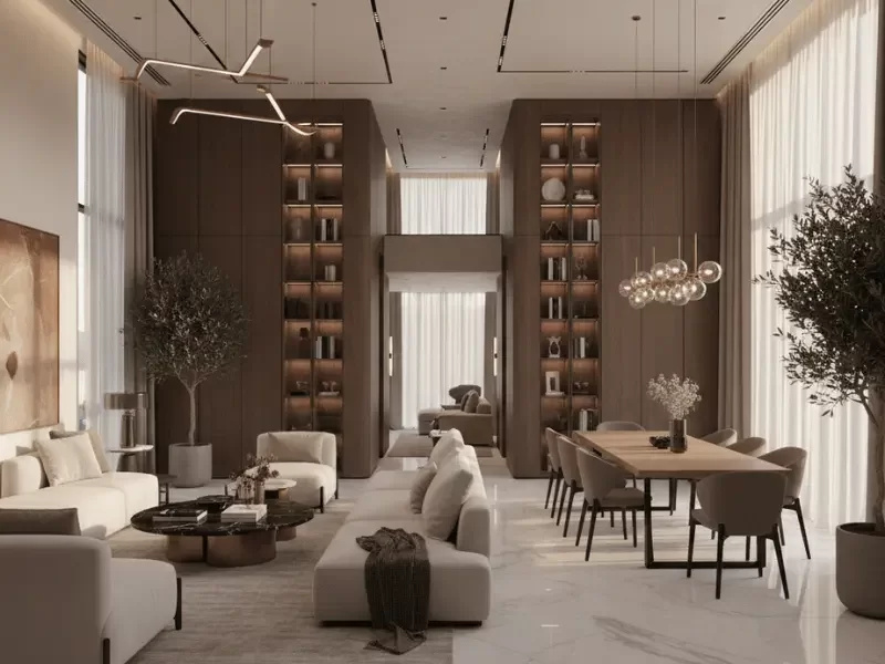 Villa renovation in Dubai, Completed luxury Dubai villa interior fit-out with marble flooring and custom joinery