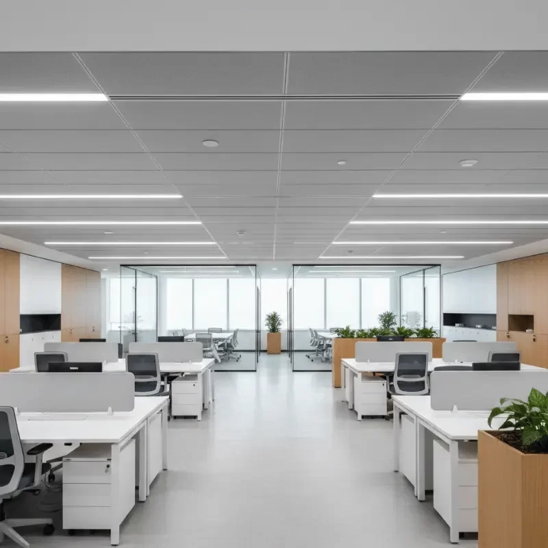 Contemporary office workspace with open-plan desks, glass meeting rooms, and clean lighting