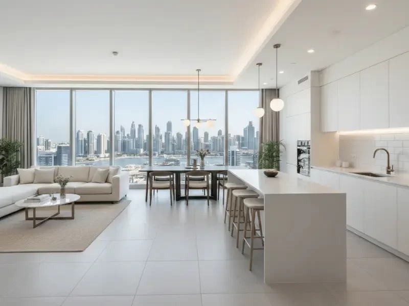 Dubai apartment interior renovation showing new flooring, kitchen upgrades, and lighting installation