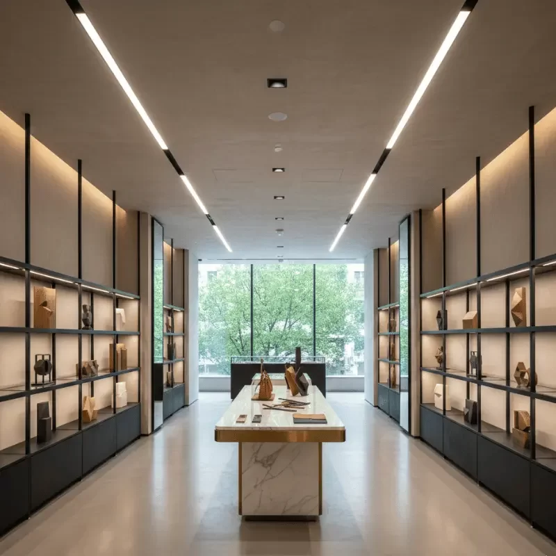 Elegant building lobby with stone finishes, integrated lighting, and refined architectural detailing