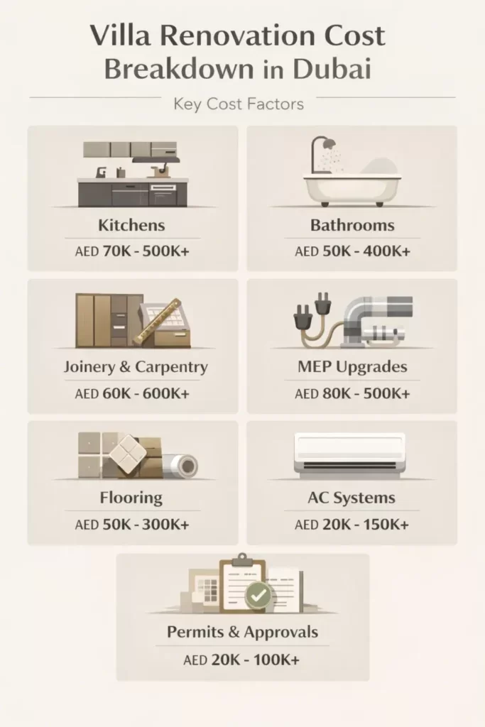 Infographic showing Dubai villa renovation cost breakdown for kitchens, bathrooms, MEP, and joinery