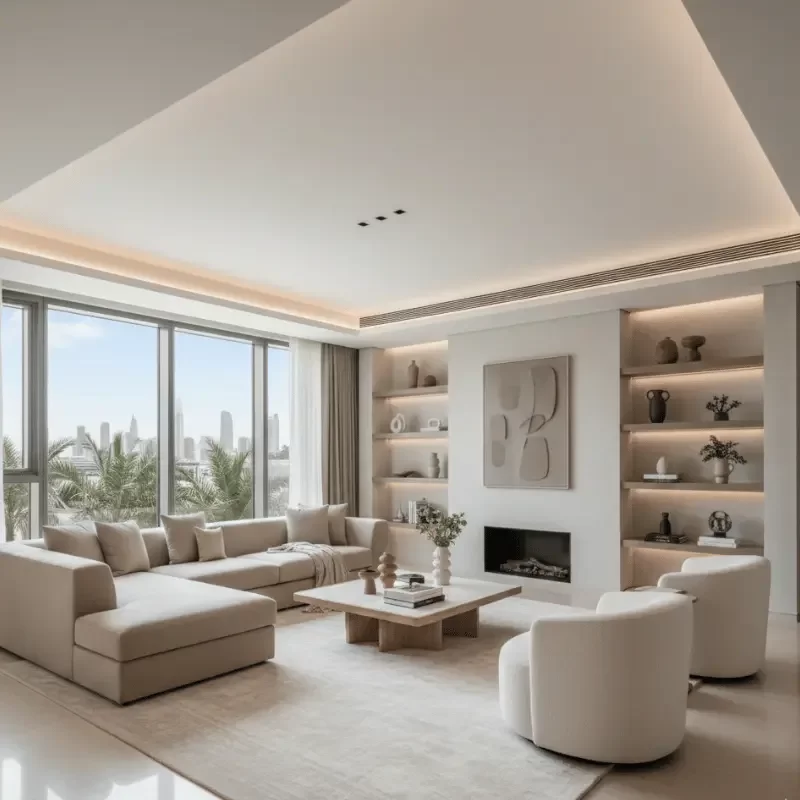 Modern residential villa living room with neutral interiors and soft natural lighting