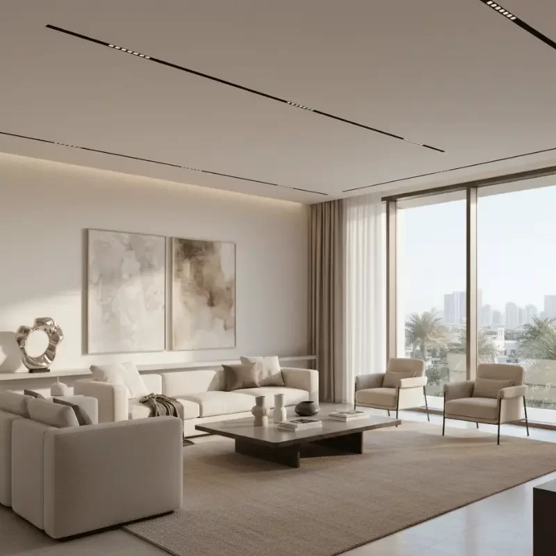 Modern retail showroom interior with display shelves, accent lighting, and clean layout