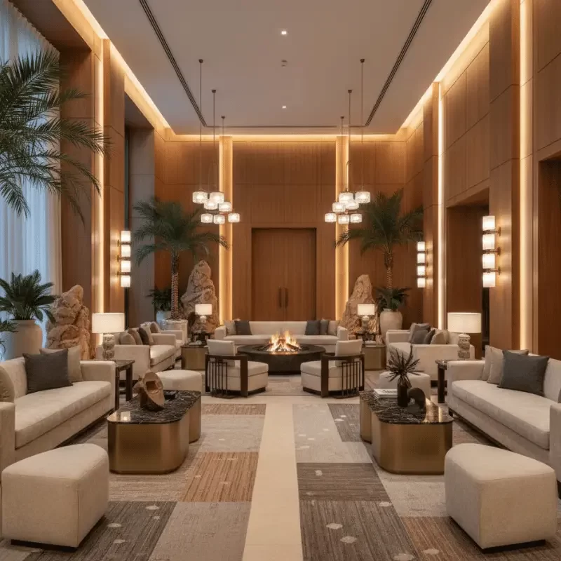 Warm hospitality lounge interior with soft ambient lighting and comfortable seating