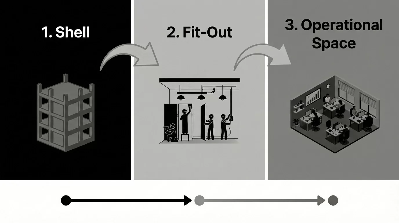 simple infographic Shell → Fit-Out → Operational Space (3-step graphic).