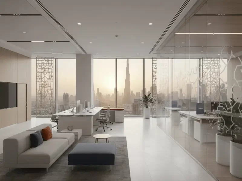 A modern, high-end corporate office interior in Dubai