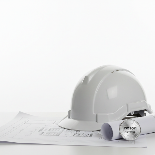 ISO 9001 certified construction company documents with safety helmet and blueprint