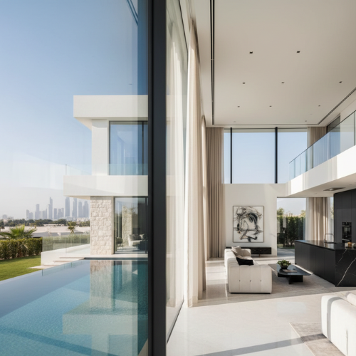 Luxury modern villa interior with floor to ceiling glass overlooking private pool in Dubai