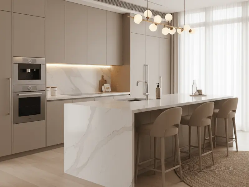 Modern luxury kitchen in Dubai with matte cabinets, quartz island, LED lighting, and premium renovation finishes.