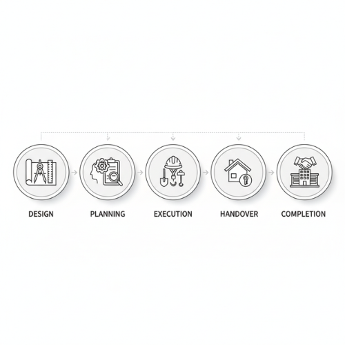 Turnkey contracting process design planning execution handover completion icons