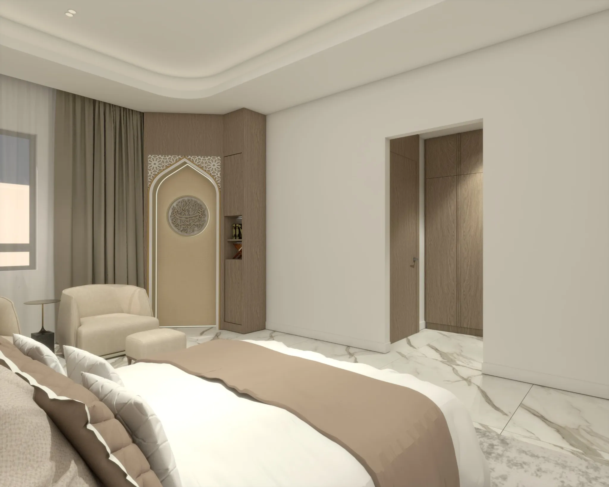 modern-luxury-bedroom-with-built-in-masjid-niche-and-cream-interior-design modern-luxury-bedroom-with-built-in-masjid-niche-and-cream-interior-design