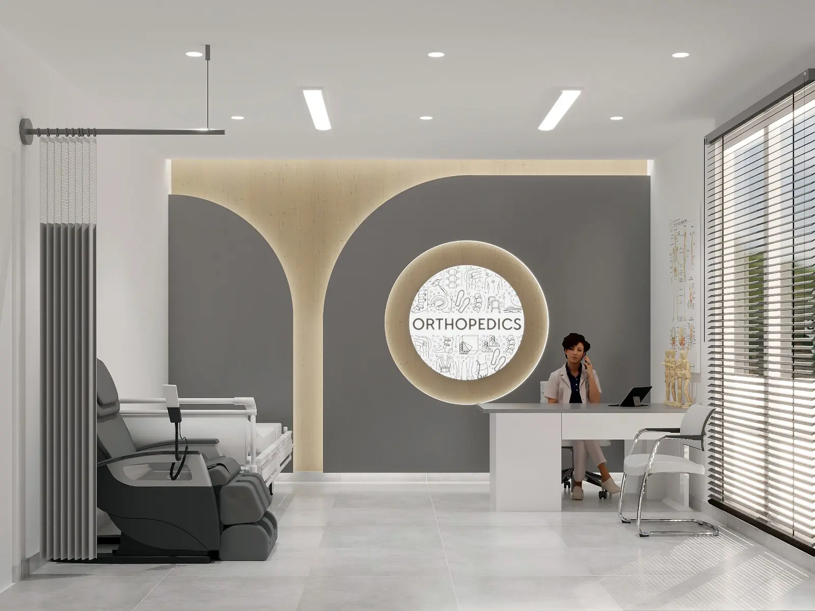 orthopedic clinic reception interior with circular backlit logo