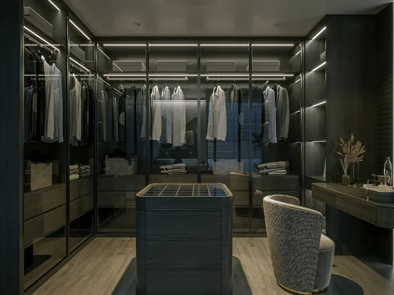 Organized walk-in closet system with drawers