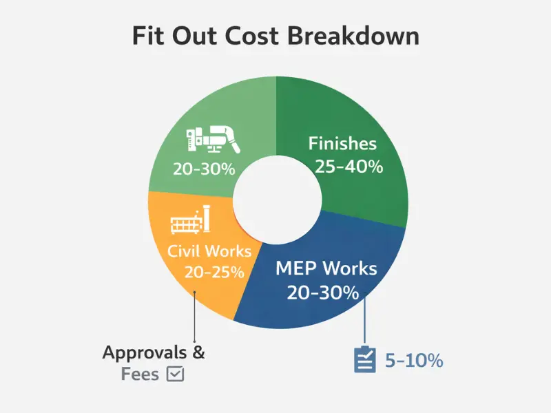 infographic showing fit out cost breakdown, MEP, design, finishes, approvals