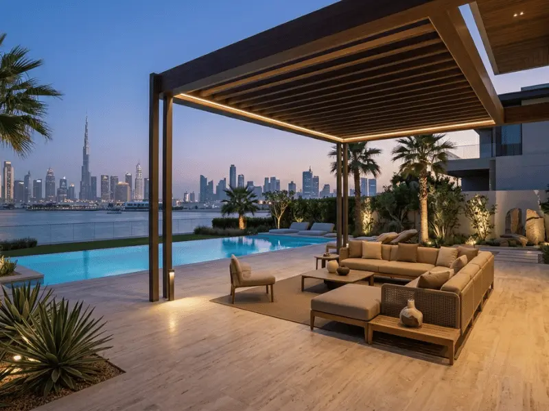 villa renovation dubai outdoor living space pool pergola landscaping